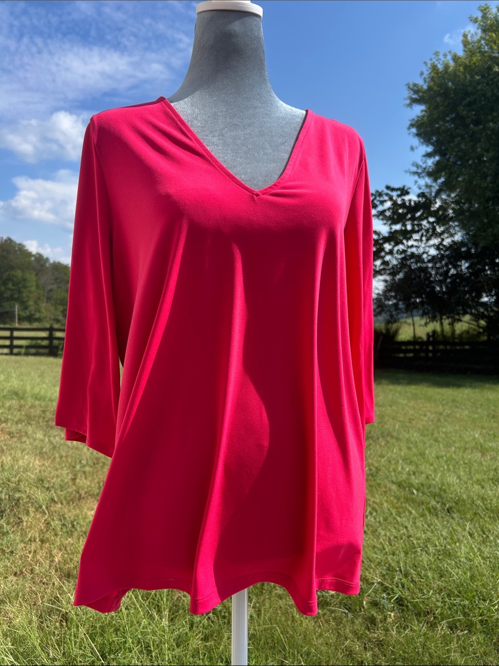 Michael Kors Women's V-Neck 3/4 Sleeve Top - Bright Pink blouse